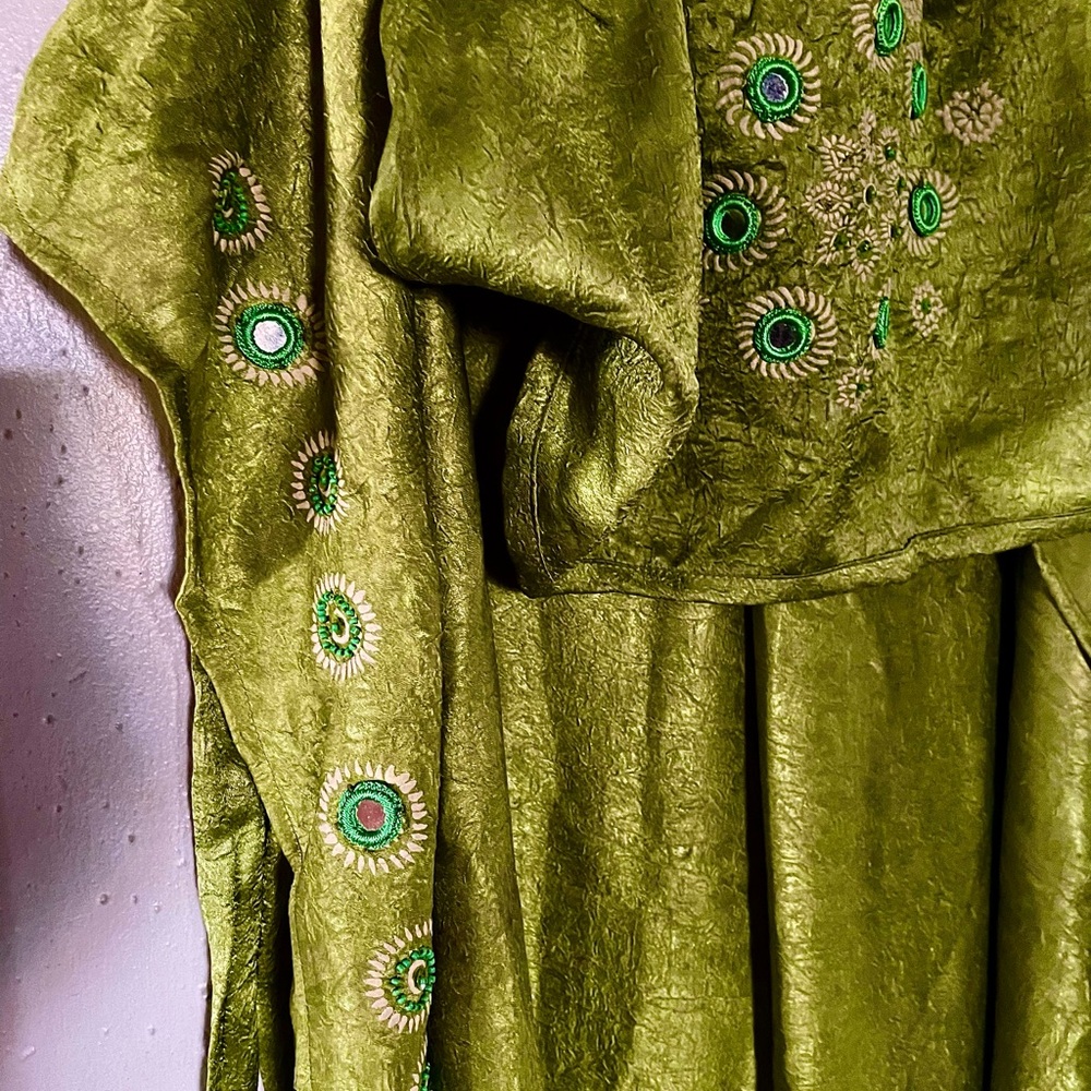 Vibrant Peridot Green Embroidered Wrap-Around Pants w matchingTie Halter Top